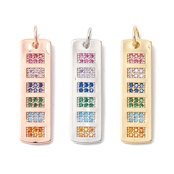 Brass Micro Pave Colorful Cubic Zirconia Pendants,  Cadmium Free & Lead Free, Rectangle, Mixed Color, 29x8.5x1.5mm, Hole: 4.4mm