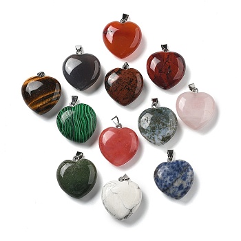 Gemstone Pendants, with 201 Stainless Steel Findings, Heart, 32~33x29~30x12~15mm, Hole: 9x4mm