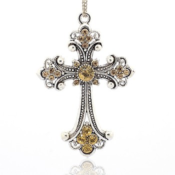 Antique Silver Tone Alloy Rhinestone Cross Big Pendants, Light Colorado Topaz, 75x50x6mm, Hole: 3.5mm