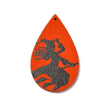 Single Face Printed Wood Pendants, Hallowmas's Day Charms, Teardrop, 52.5x30.5x2mm, Hole: 1.5mm