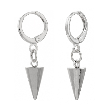 Brass Huggie Hoop Earring, with Spike/Cone 304 Stainless Steel Pendants, Stainless Steel Color, 29.5mm, Pin: 0.8mm