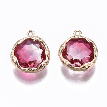 Two-Tone Faceted Glass Charms, with Brass Prong Settings, Flat Round, Light Gold, Hot Pink, 14x12x4.5mm, Hole: 1mm