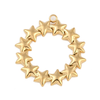 Ion Plating(IP) 304 Stainless Steel Pendants, Ring with Star Charm, Real 18K Gold Plated, 26.5x25x3mm, Hole: 1.6mm