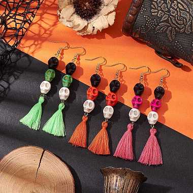 3 paires 3 couleurs boucles d'oreilles pendantes en forme de crâne d'Halloween synthétique teint turquoise(EJEW-JE05883)-2