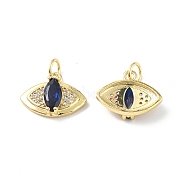 Brass Micro Pave Marine Blue Cubic Zirconia Charmss, with Jump Ring, Horse Eye Charm, Real 18K Gold Plated, 11x14.5x4mm, Hole: 3mm(KK-E068-VF351)