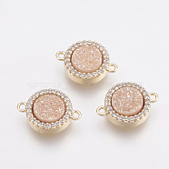 Natural Druzy Agate Links connectors, with Brass Finding and Cubic Zirconia, Flat Round, Golden, Pink Plated, 15.5~16x11x4mm, Hole: 1.2mm(KK-G343-03D)