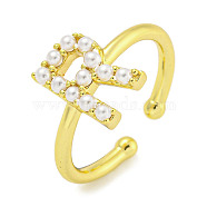 Rack Plating Brass Open Cuff Rings for Women, with ABS Imitation Pearl, Cadmium Free & Lead Free, Long-Lasting Plated, Letter, Letter R, Inner Diameter: 17mm, Letter R: 11x9.8mm(RJEW-F162-01G-R)