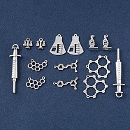 Science/Chemistry Theme, Tibetan Style Zinc Alloy Pendants, Microscope & Measuring Cylinder & Scale & Molecule & Injection Syringe Shape, Antique Silver, 28pcs/set(TIBEP-X0185-66AS)