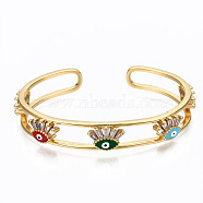 Brass Micro Pave Clear Cubic Zirconia Cuff Bangles, with Enamel, Nickel Free, Evil Eye, Colorful, Real 16K Gold Plated, Inner Diameter: 2-1/4x1-7/8 inch(5.85x4.8cm), 10.5mm(BJEW-T018-14G-NF)