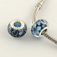 Large Hole Flower Pattern Resin European Beads, with Silver Color Plated Brass Double Cores, Rondelle, Light Sky Blue, 14x9mm, Hole: 5mm(OPDL-R120-05A)