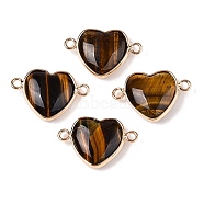 Natural Tiger Eye Love Heart Pendants, Brass Heart Charms, Golden, 15.5x23x6mm, Hole: 1.8~2mm(G-T138-205G-G)