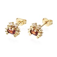Brass Micro Pave Cubic Zirconia Stud Earrings, with Ear Nuts, Crab, Cadmium Free & Nickel Free & Lead Free, Chocolate, Real 16K Gold Plated, 7.5x8mm, Pin: 0.7mm(EJEW-S210-008-NR)