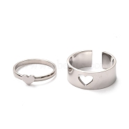 304 Stainless Steel Finger Rings Sets, Wide Band Cuff Rings and Finger Rings, Couple Rings for Valentine's Day, Heart, Stainless Steel Color, US Size 6 3/4(17.1mm), US Size 9 1/4(19.1mm), 2pcs/set(RJEW-F117-03P)