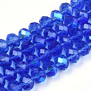Electroplate Glass Beads Strands, Half Rainbow Plated, Faceted, Rondelle, Medium Blue, 10x8mm, Hole: 1mm, about 63~65pcs/strand, 19.2~20 inch(48~50cm)(EGLA-A034-T10mm-L26)