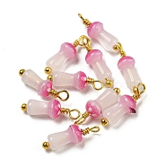 Mushroom Glass Charms, with Real 18K Gold Plated Brass Findings, Deep Pink, 14~14.5x4~4.5mm, Hole: 1.6mm(KK-C046-02C)