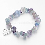 Alloy Charm Bracelets, Heart, with Natural Fluorite Chip Beads and Elastic Crystal Thread, Silver, 2-1/4 inch(55mm)(BJEW-JB02481-02)