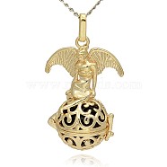 Golden Tone Brass Hollow Round Cage Pendants, with No Hole Spray Painted Brass Round Beads, Round with Angel, Black, 47x30x21mm, Hole: 3x8mm(KK-J242-04G)