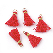 Polycotton(Polyester Cotton) Tassel Pendant Decorations, Mini Tassel, with Iron Findings and Metallic Cord, Light Gold, Red, 10~15x2~3mm, Hole: 1.5mm(FIND-S281-17)