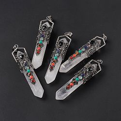 Natural Quartz Crystal Big Pointed Pendants, Rock Crystal, 7 Chakra Faceted Bullet Charms, with Rack Plating Antique Silver Tone Alloy Crown Findings, Cadmium Free & Lead Free, 84x20x19.5mm, Hole: 8x5mm(G-H281-02D)