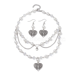 Tibetan Style Alloy Heart Jewelry Set, Glass Pearl Dangle Earrings & 304 Stainless Steel Chains Bib Necklace, Antique Silver, 340mm, 49.5x22mm(SJEW-JS01287)