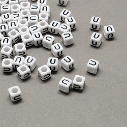 Large Hole Acrylic Letter European Beads, Horizontal Hole, White & Black, Cube with Letter.U, 6x6x6mm, Hole: 4mm(X-SACR-Q103-6mm-01U)