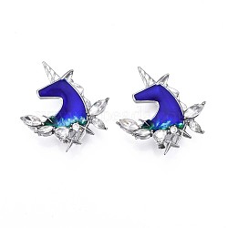 Unicorn Enamel Pin with Crystal Rhinestone, Animal Alloy Brooch for Backpack Clothes, Nickel Free & Lead Free, Platinum, Blue, 35x33mm(JEWB-N007-104)