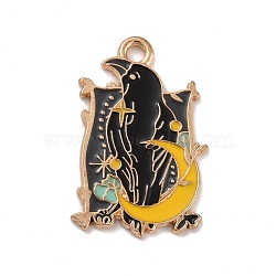 Alloy Enamel Pendants, Crow with Moon, Light Gold, 26x18x1mm, Hole: 2mm(ENAM-A137-01KCG)