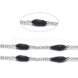 Handmade Enamel Beaded Chains, with Stainless Steel Curb Chains and Spool, Soldered, Stainless Steel Color, Black, 1.5x1x0.1mm, about 32.8 Feet(10m)/roll(CHS-I007-06P-12)
