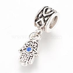 Alloy European Dangle Charms, with Rhinestones, Large Hole Pendants Hamsa Hand/Hand of Fatima/Hand of Miriam with Eye, Antique Silver, 26mm, Hole: 5mm, Pendant: 15.5x8.5mm(MPDL-S057-11)