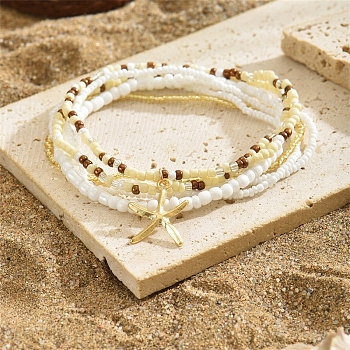 Multilayer Glass Seed Beads Starfish Pendant Anklet for Women, Boho Jewelry Summer Beach Foot Ankle Chain, White, Inner Diameter: 2-3/8 inch(6cm), 6pcs/set