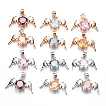 Brass Cubic Zirconia Pendant, Angel Wings, Mixed Color, 11.5x21x5mm, Hole: 4x5mm