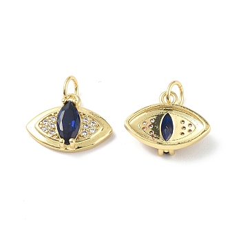 Brass Micro Pave Marine Blue Cubic Zirconia Charmss, with Jump Ring, Horse Eye Charm, Real 18K Gold Plated, 11x14.5x4mm, Hole: 3mm