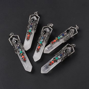 Natural Quartz Crystal Big Pendants, Rock Crystal, 7 Chakra Faceted Bullet Charms, with Rack Plating Antique Silver Tone Alloy Crown Findings, Cadmium Free & Lead Free, 84x20x19.5mm, Hole: 8x5mm