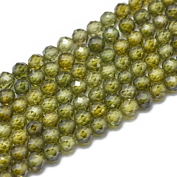 Cubic Zirconia Beads Strands, Faceted, Round, Olive Drab, 4mm, Hole: 0.8mm, about 91pcs/strand, 15 inch(38cm)