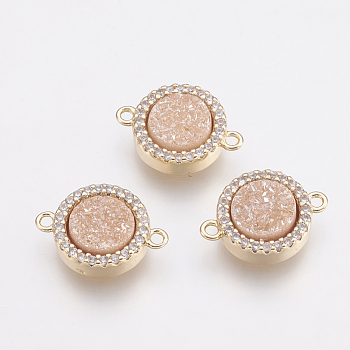 Natural Druzy Agate Links connectors, with Brass Finding and Cubic Zirconia, Flat Round, Golden, Pink Plated, 15.5~16x11x4mm, Hole: 1.2mm