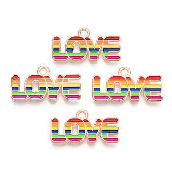 Rainbow Color Pride Alloy Enamel Pendants, Word Love Charms, Light Gold, Colorful, 11.5x21.7x1.5mm, Hole: 2mm