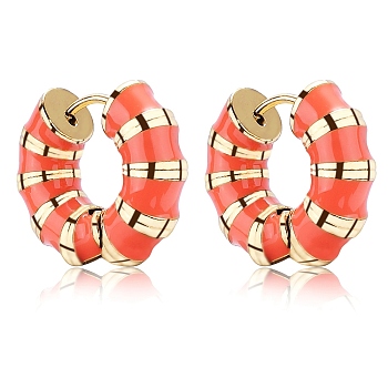 Enamel Striped Thick Hoop Earrings, Golden 316 Stainless Steel Jewelry for Women, Orange, 18x20.5x6mm, Pin: 0.9mm