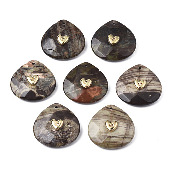 Natural Ocean Jasper Pendant Rhinestone Settings, with Light Gold Plated Brass Findings, Faceted, Teardrop, Fit for 2mm Rhinestone, 28x28x9mm, Hole: 1.2~1.5mm