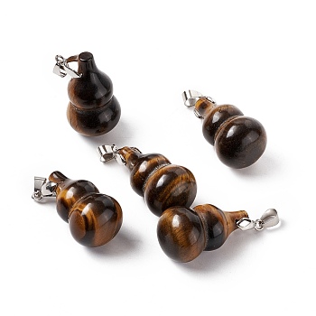 Natural Tiger Eye Pendants, with Platinum Tone Brass Findings, Gourd Charm, 29.5x18mm, Hole: 6x4mm