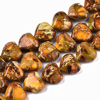 Natural Imperial Jasper Beads Strands, Heart, Dyed, Goldenrod, 9~10x10x5mm, Hole: 1.2mm, about 44~45pcs/strand, 15.55~15.94 inch(39.5~40.5cm)