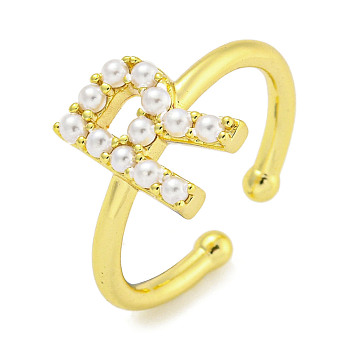 Rack Plating Brass Open Cuff Rings for Women, with ABS Imitation Pearl, Cadmium Free & Lead Free, Long-Lasting Plated, Letter, Letter R, Inner Diameter: 17mm, Letter R: 11x9.8mm