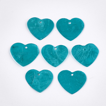 Spray Painted Capiz Shell Pendants, Heart, Turquoise, 21.5~22x25x1mm, Hole: 1.5mm