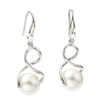 Plastic Pearl Infinity Dangle Earrings with Cubic Zirconia, Rack Plating Brass Long Drop Earrings for Women, Lead Free & Cadmium Free, Platinum, 50x18mm