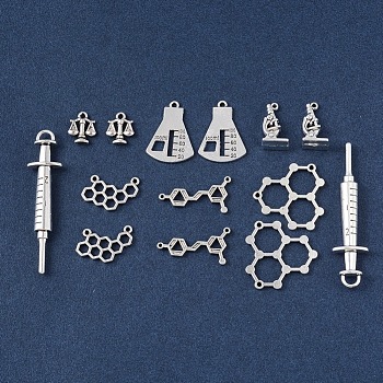 Science/Chemistry Theme, Tibetan Style Zinc Alloy Pendants, Microscope & Measuring Cylinder & Scale & Molecule & Injection Syringe Shape, Antique Silver, 28pcs/set