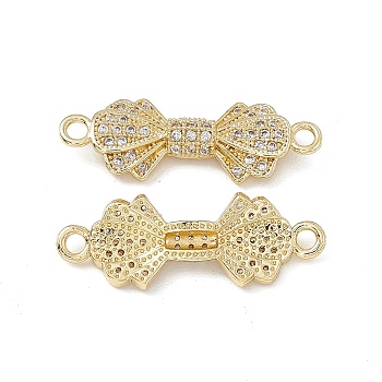 Brass Micro Pave Clear Cubic Zirconia Connector Charms, Bowknot Links, Real 18K Gold Plated, 26x9x3.5mm, Hole: 1.8mm