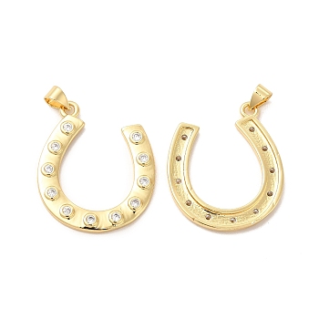 Rack Plating Brass Micro Pave Cubic Zirconia Pendants, Cadmium Free & Lead Free, Long-Lasting, Horseshoe, Real 18K Gold Plated, 30.5x25x2mm, Hole: 3x5mm