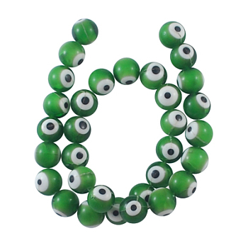 Handmade Italianate Lampwork Beads Strands, Evil Eye Style, Round, Green, about 12mm in diameter, hole: 2mm, about 31pcs/strand, 14 inch