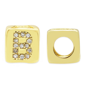 Brass Micro Pave Clear Cubic Zirconia European Beads, Cube with Letter, Letter.B, 8.5x8.5x8.5mm, Hole: 5mm, 3pcs/bag