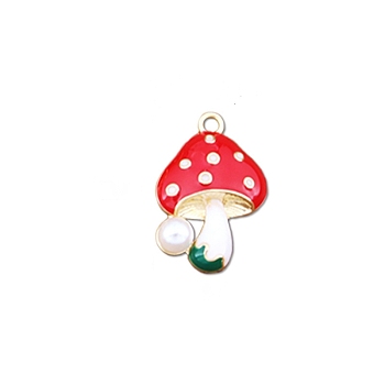 Alloy Enamel Pendants, with Resin Imitation Pearl, Red Mushroom, Cadmium Free & Lead Free, Golden, 23x15.5mm, Hole: 2mm