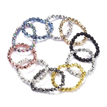 Natural Lava Rock Stretch Bracelets, Faceted Round, Mixed Color, Inner Diameter: 2-1/8 inch(5.3cm)